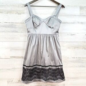 Johnny Martin Satin Silver Grey Lace Trim Sweetheart Fit Flare Mini Dress M Y2K